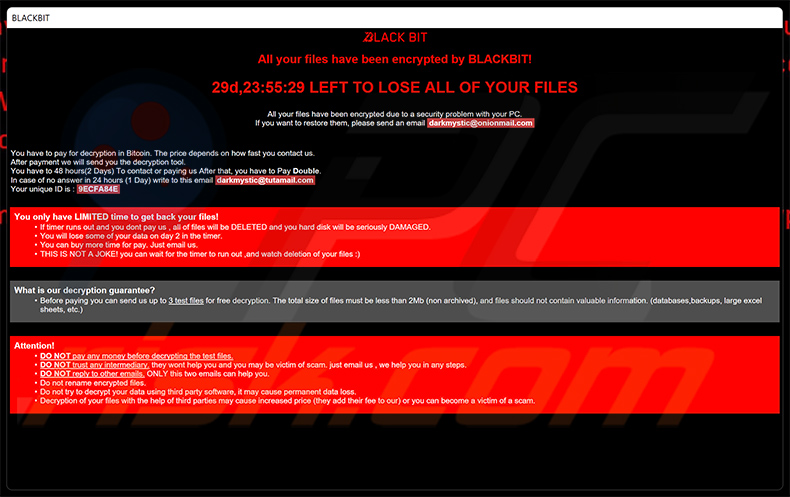 DarkMystic (BlackBit) ransomware nota de resgate (info.hta)